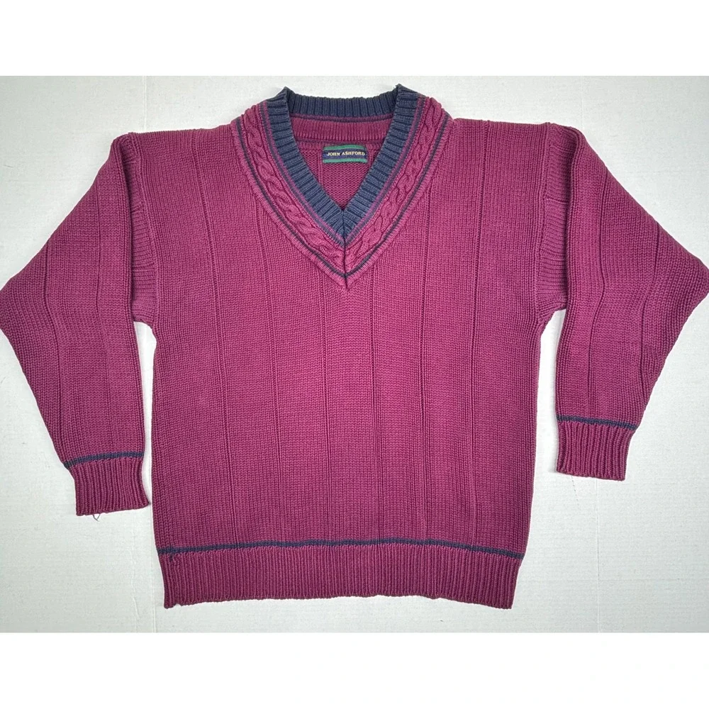 VTG John Ashford Mens Medium Cable Knit Sweater Burgundy V Neck Tennis Cotton EC